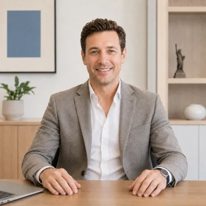 Professionnel anglophone souriant à un bureau