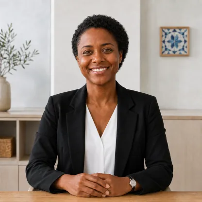 Professionnel lusophone souriant à un bureau